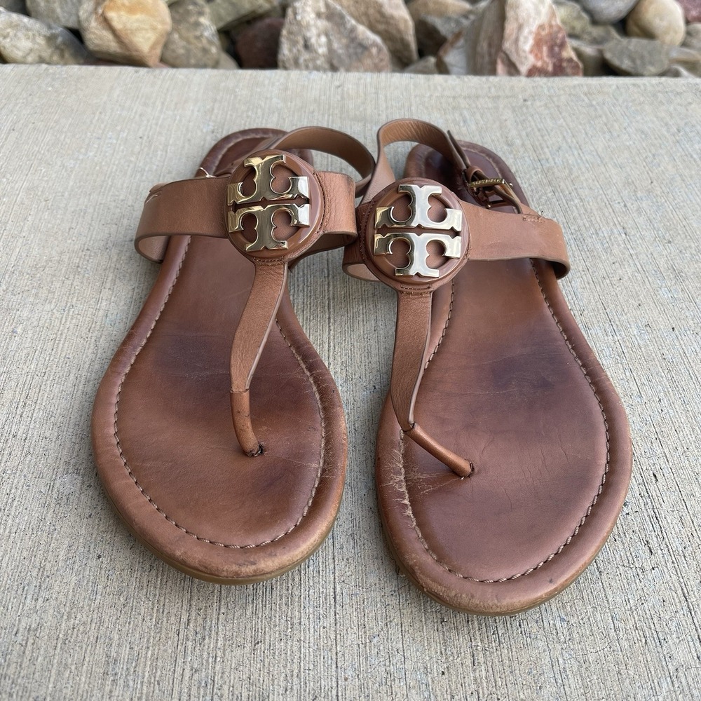 Tory Burch Claire Flat Thong Sandals Size 8 Brown Leather Gold Monogram